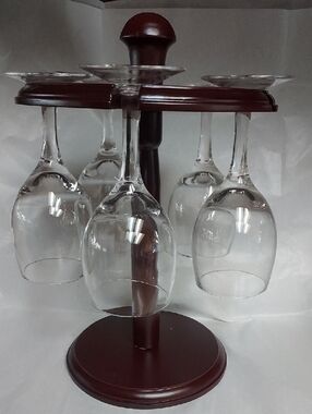 Mini Bar Cherry Wood Table Top Rack With Small Cordial Glasses.